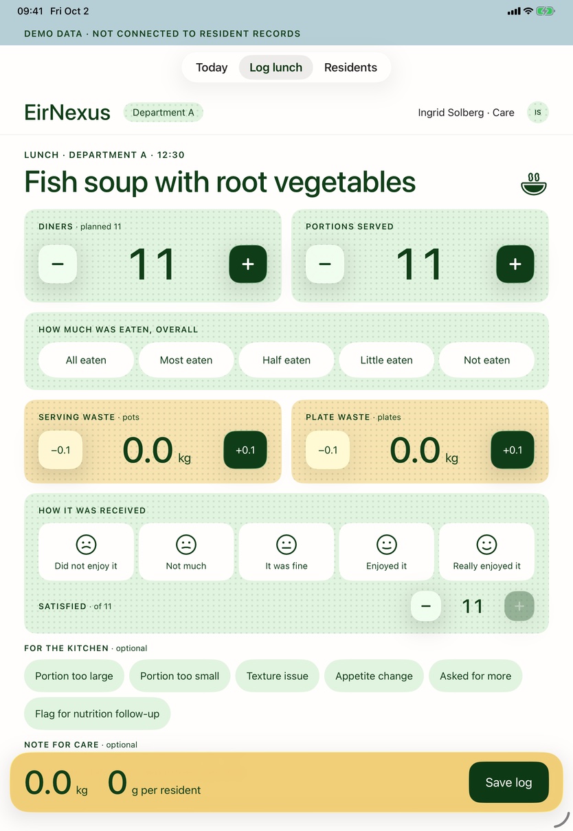 EirNexus on iPad, logging lunch: how much was eaten, waste in kilograms and five faces for how it was received.